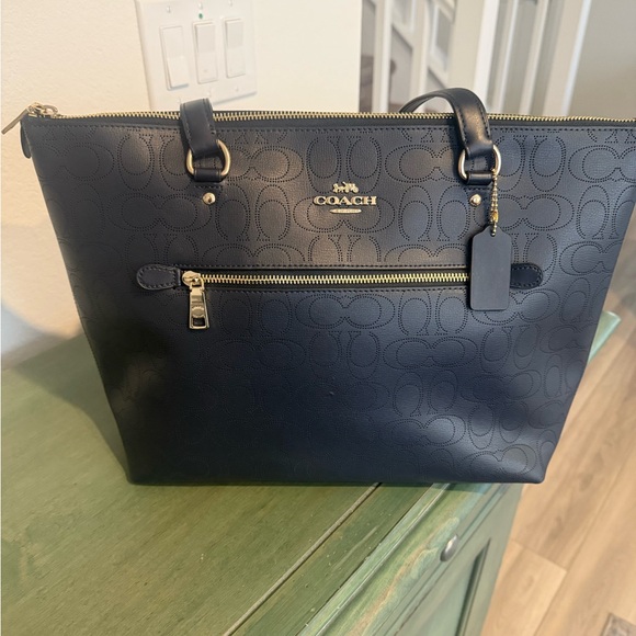 Coach Navy Embossed Leather Tote - Picture 1 of 8